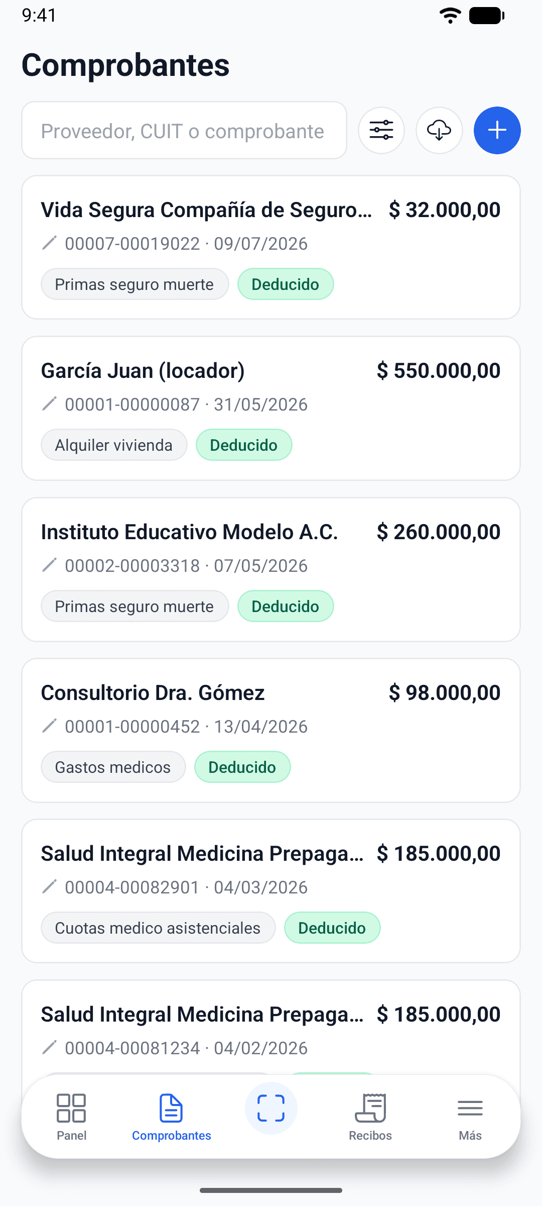 Listado de comprobantes en la app de desgrava.ar para Android