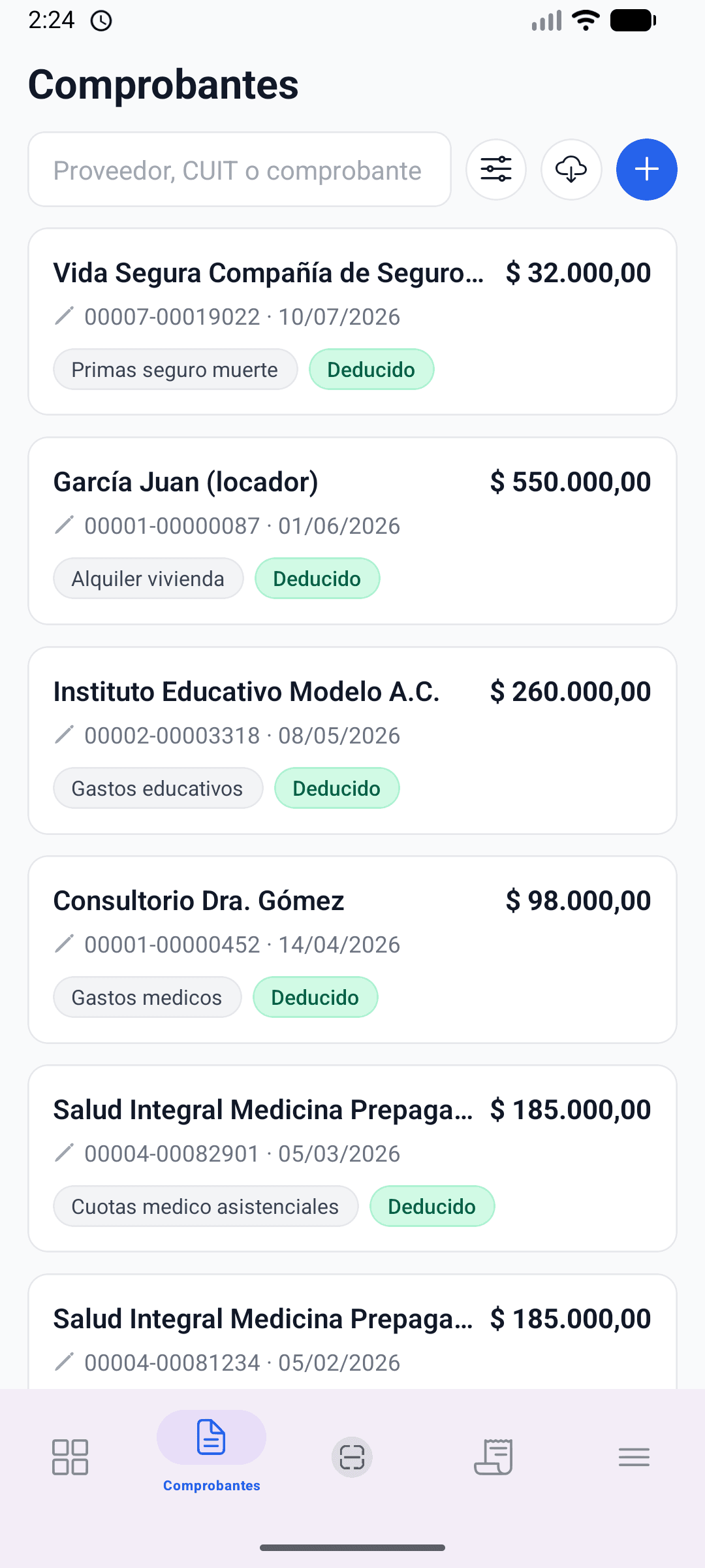 Listado de comprobantes en la app móvil de desgrava.ar