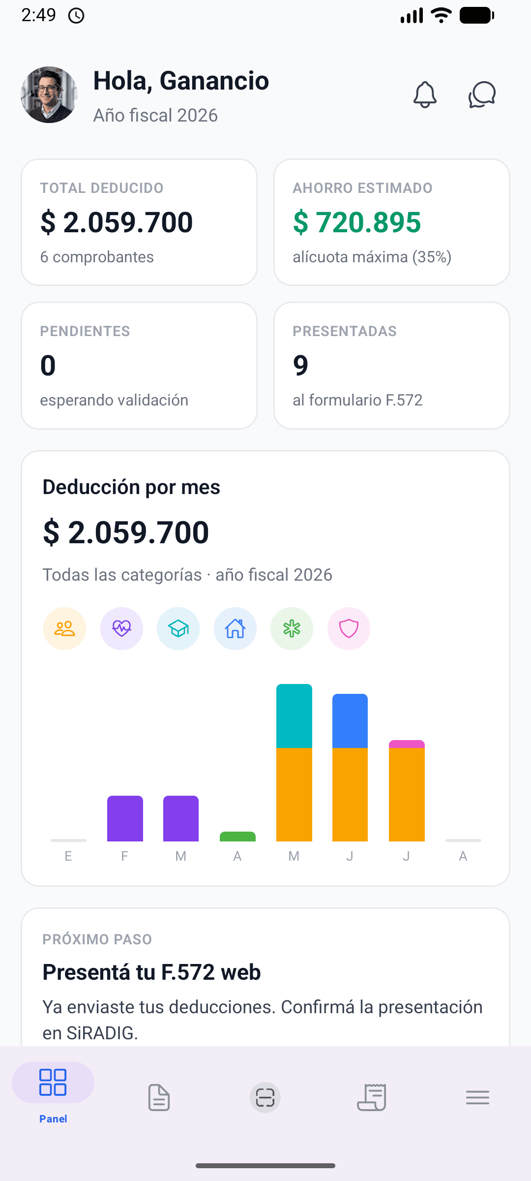 Panel de desgrava.ar en la app móvil