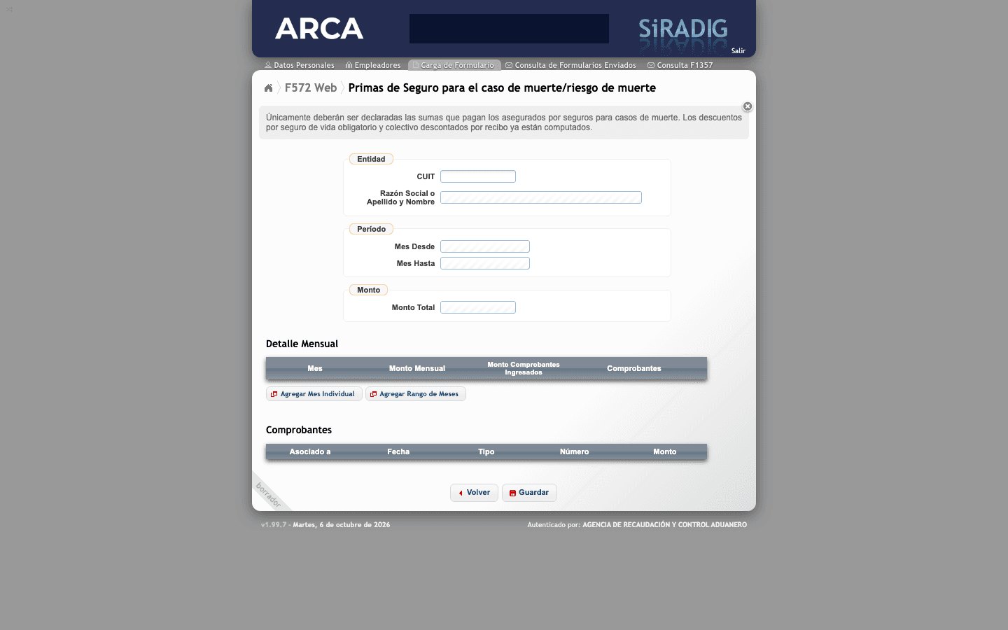 Formulario de alta de una deducción en SiRADIG, vacío: CUIT, período, monto total, detalle mensual y comprobantes