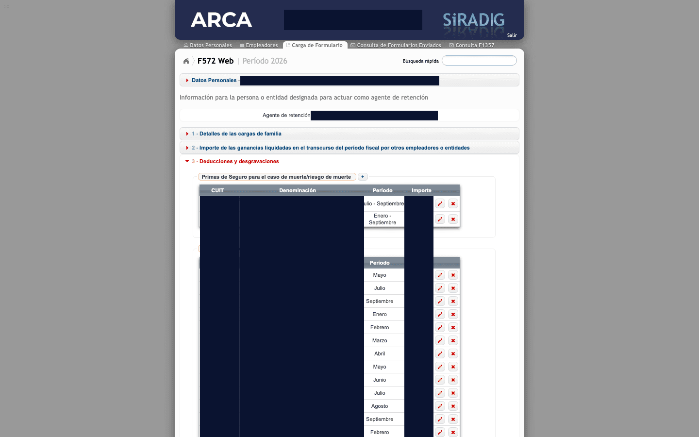 F.572 Web en SiRADIG: el agente de retención arriba y la sección 3, Deducciones y desgravaciones, desplegada con sus tablas