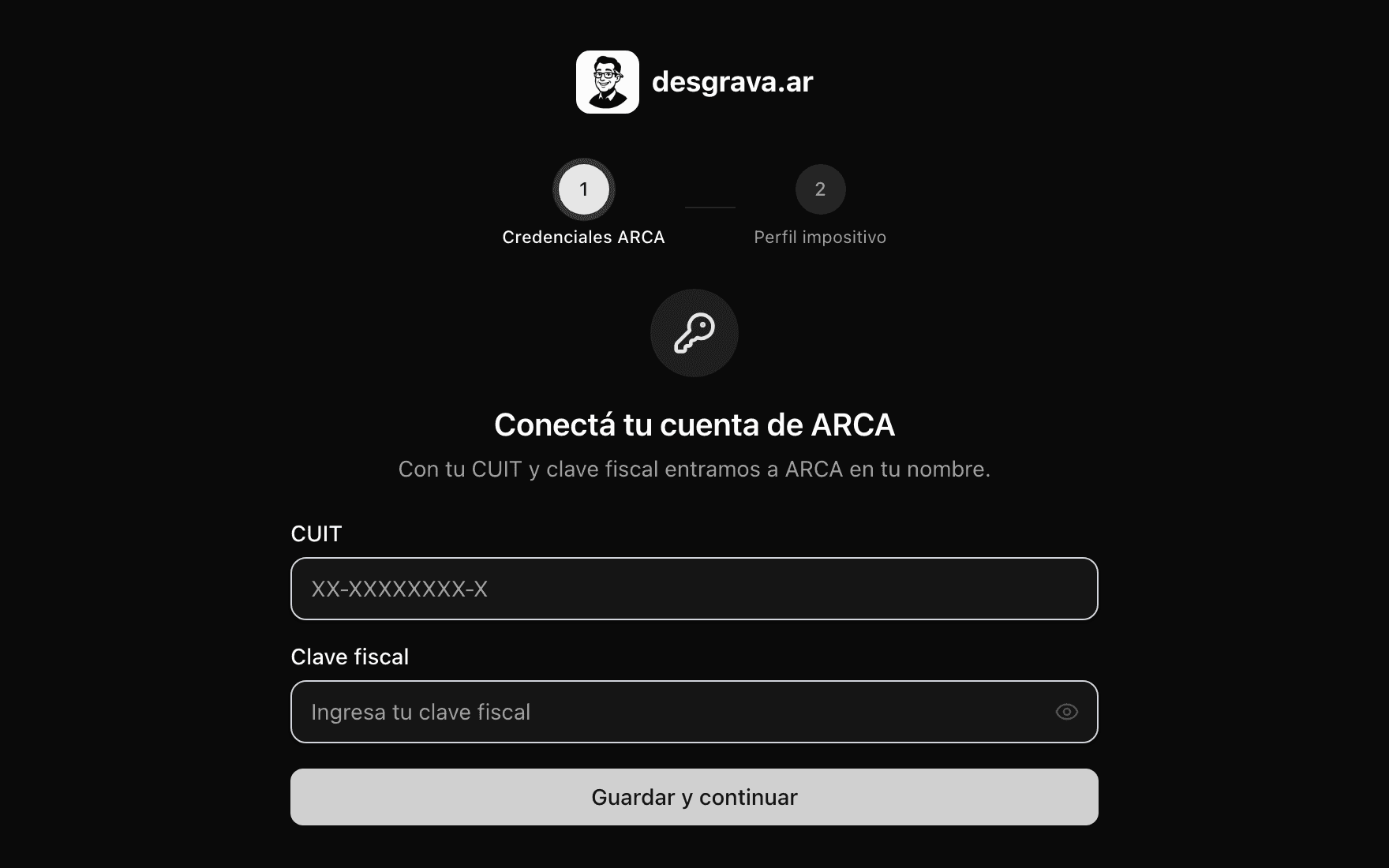 Pantalla de conexión con ARCA en desgrava.ar
