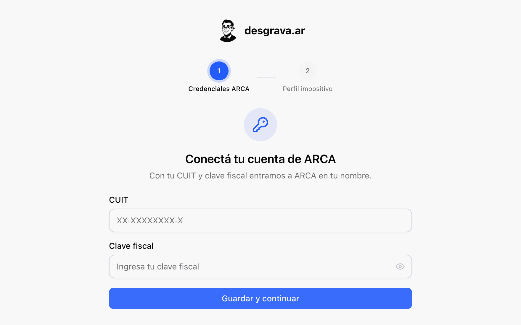 Pantalla de conexión con ARCA en desgrava.ar
