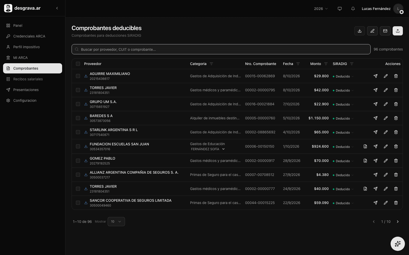 Listado de comprobantes importados desde ARCA en desgrava.ar