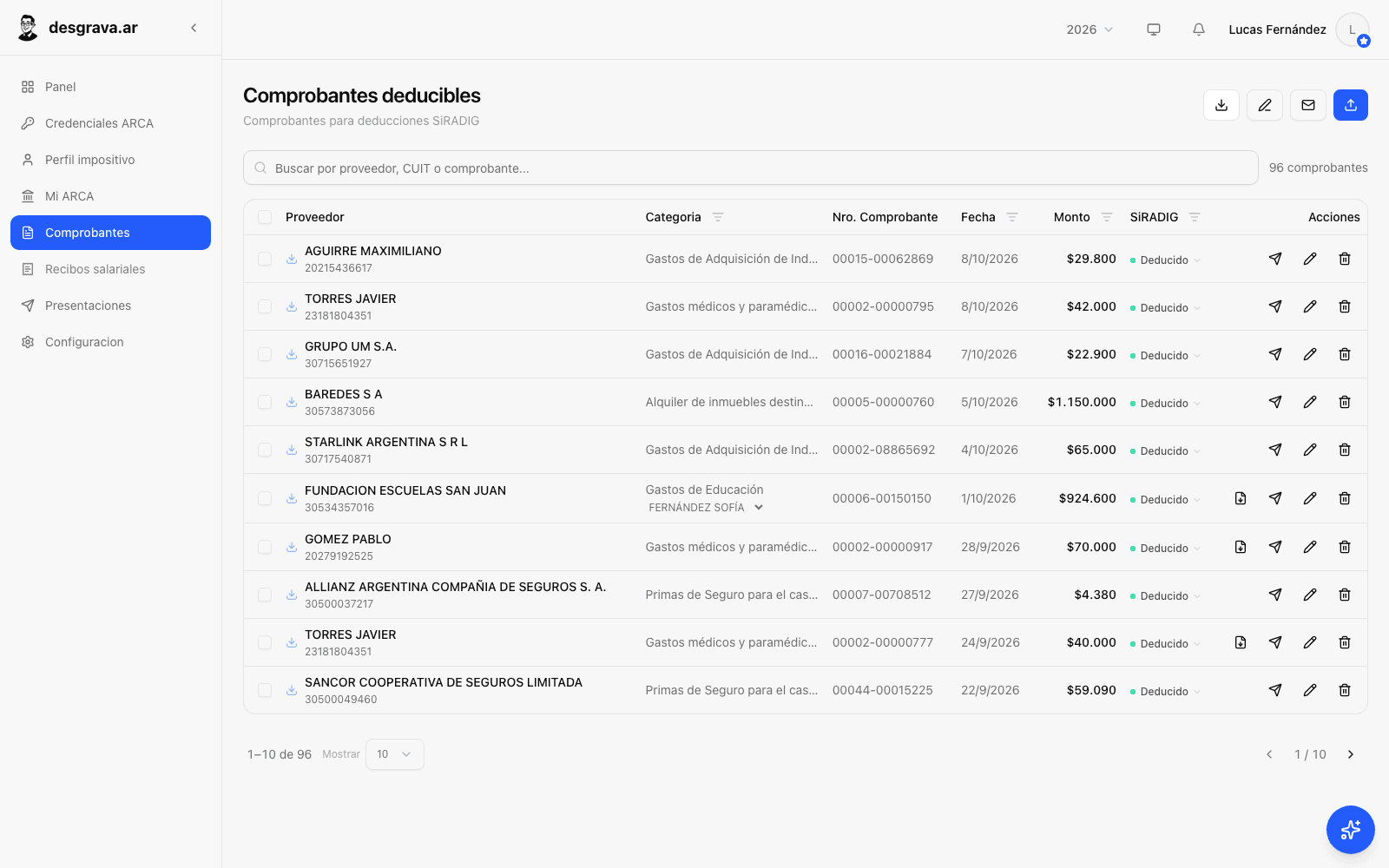 Listado de comprobantes importados desde ARCA en desgrava.ar