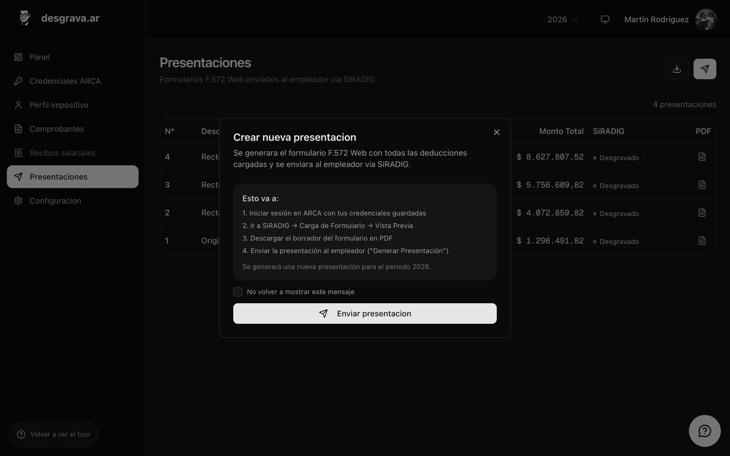 Pantalla de presentaciones de SiRADIG completadas en desgrava.ar