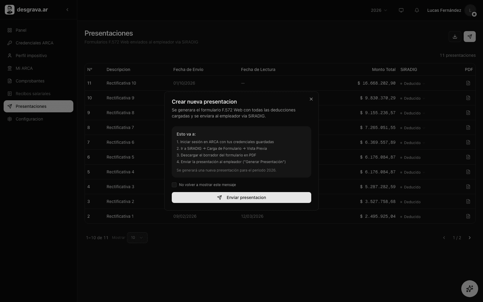 Pantalla de presentaciones de SiRADIG completadas en desgrava.ar