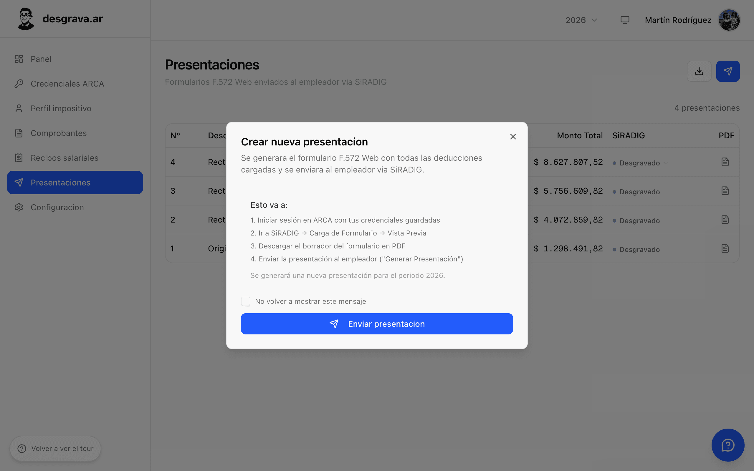 Pantalla de presentaciones de SiRADIG completadas en desgrava.ar
